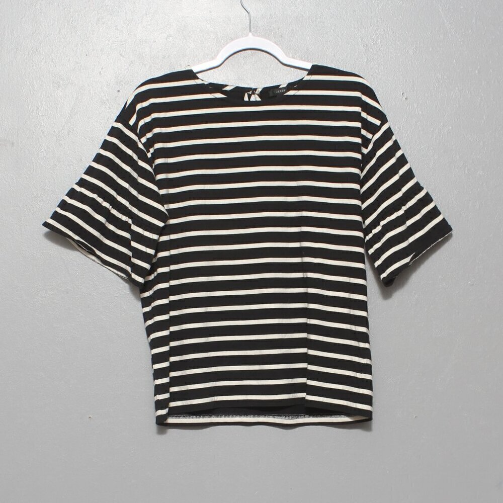 J Crew black and white stripe flare short sleeve blouse